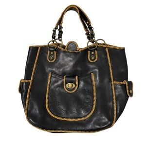 Eileen West Black Tan Leather Tote Bag Western Embossed Hippie Southwestern Boho